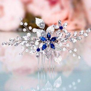 Wedding Hair Comb Blue Rhinestone Bridal for Bride and Bridesmaids